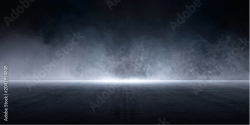 Fotografía Ethereal Mist Rising: A dramatic display of swirling mist and smoke gracefully ascends from a dark, textured ground, illuminated by a stark, bright light source