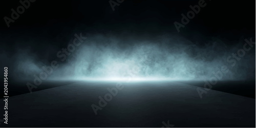 фотографія Mysterious Fog on Stage: A dramatic stage lit by a single spotlight is shrouded in an ethereal blue mist, creating an atmosphere of suspense and intrigue