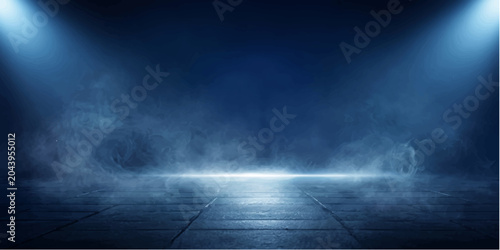 Obraz na plátně Dark Stage with Spotlight and Smoke: A dramatic stage with concrete floor illuminated by two bright blue spotlights, casting an ethereal glow on swirling smoke and fog