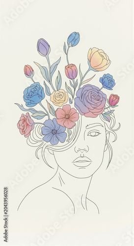 A minimalist line drawing of a woman's face adorned with a vibrant crown of colorful flowers and leaves.