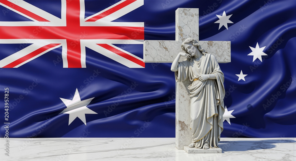 Naklejka premium A solemn statue of Jesus Christ leans against a cross, set against the backdrop of the Australian flag.