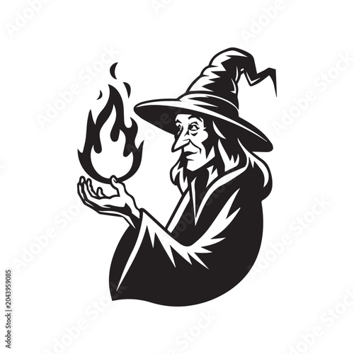 Foto Halloween Witch Casting Fire Spell Silhouette Vector Graphic Illustration
