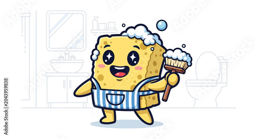 Fotografía Sponge character with cleaning tools happy.