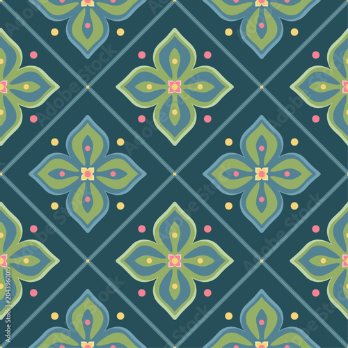 Vintage Floral Tile Seamless Pattern Elegant Geometric Ceramic Wallpaper