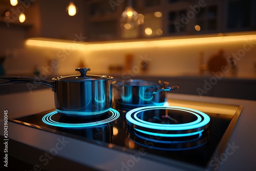 Modern cookware set on black induction hob in stylish kitchen interior. Frying pan and pot ready for cooking meal with contemporary kitchen appliances and design.