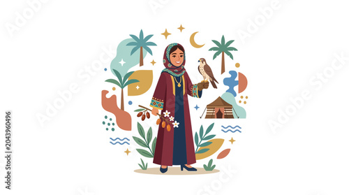 Obraz na płótnie Arabian Woman with Falcon, Dates, and Desert Landscape