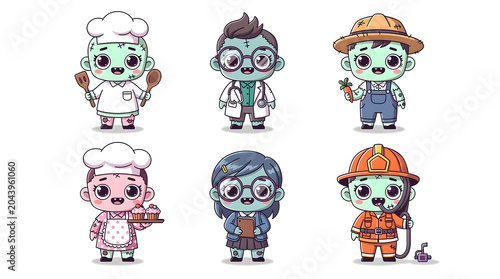 A Collection of Cute Professions: A whimsical assortment of stylized characters, each representing a different occupation – chef, doctor, farmer, baker, business person.