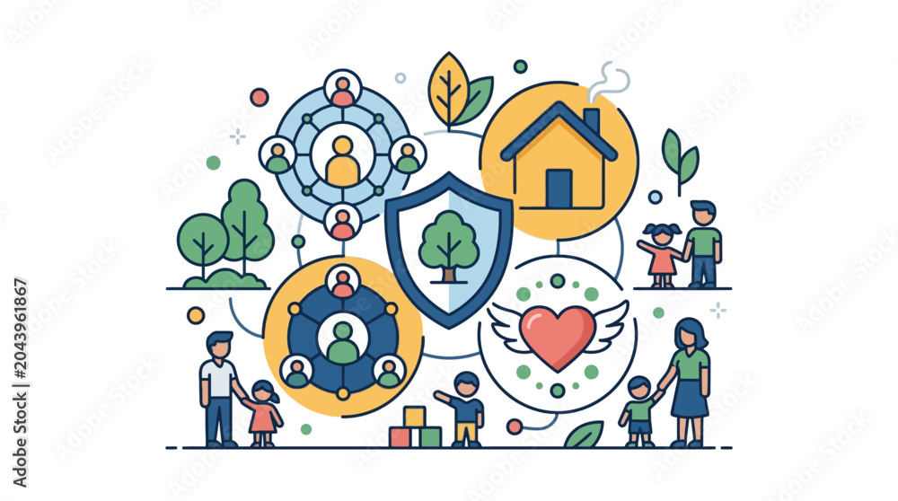 Fototapeta premium Community support and family protection concept vector illustration with social network and home icons. EPS Editable