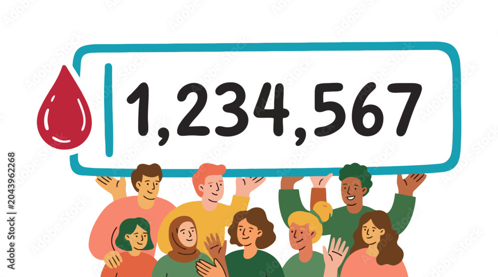 Fototapeta premium Diverse group of people holding a large counter sign with a blood drop icon representing donation milestone. EPS Editable