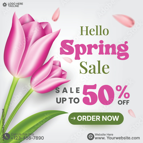Hello, Spring sale promotional social media poster design vector with a tulip and a white background. Fresh spring sale discount banner design template with floral element. Seasonal poster.