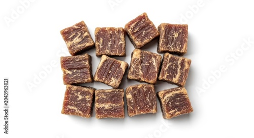 Delectable Beef Jerky Cubes Displayed in a Scattered Arrangement