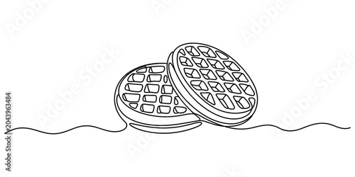 Konstfotografi Continuous single line drawing of two delicious waffles stacked together for bre