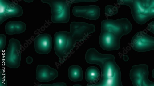 Glowing neon green abstract cellular blobs on a dark background, an artistic pattern suitable for technology or medicalrelated designs.
