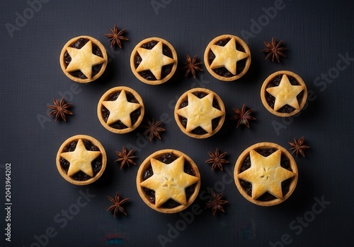 Festive Star-Topped Mince Pies Arranged with Star Anise on a Dark Background