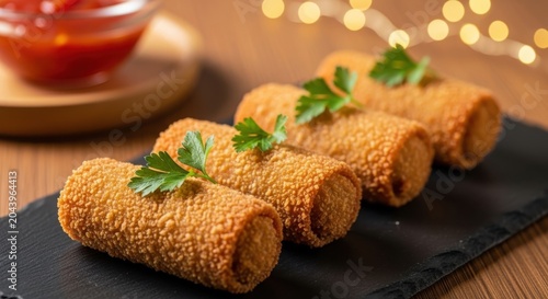 Four Golden Fried Croquetas with Parsley Garnish on a Dark Plate, Perfect for Appetizers