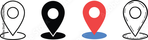 Location Map Pin Icon Set with Outline Silhouette and Color Styles for GPS Navigation Design