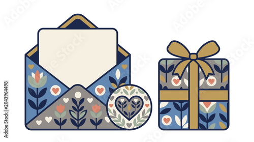 Folk art style greeting card set with open envelope blank letter and wrapped gift box illustration. EPS Editable