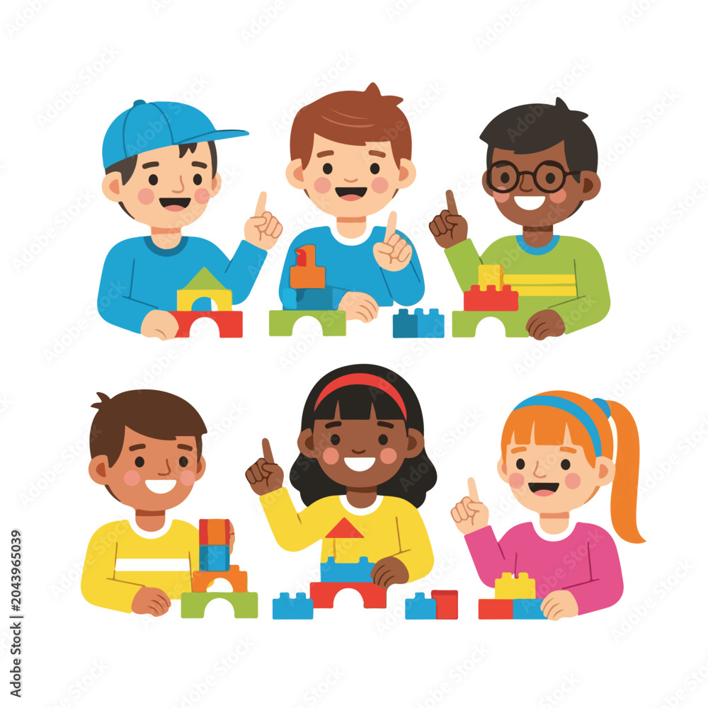 Obraz premium A group of diverse young children are joyfully playing with colorful building blocks and raising their hands to participate in a creative activity.