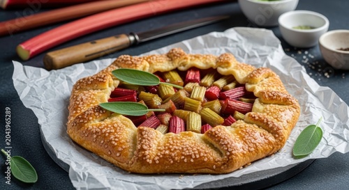 Golden baked rhubarb galette with fresh sage leaves and a rustic pastry crust.
