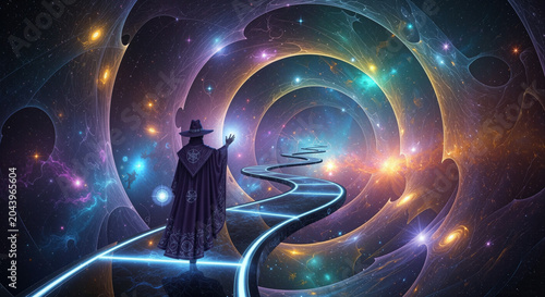 A lone figure in a dark cloak and hat stands on a glowing path through a swirling cosmic tunnel filled with stars and nebulae.