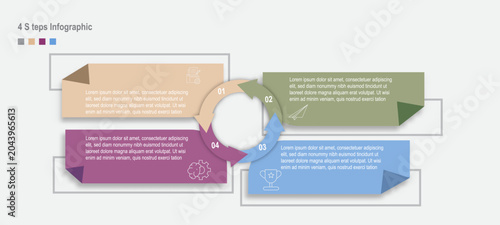 Modern 4 steps business infographic template with colorful paper banners, circular process flow, and workflow elements. Ideal for presentations, strategy planning, marketing reports, and corporate
