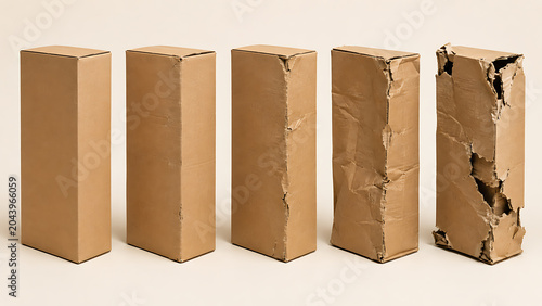 Five brown cardboard boxes in row showing progressive shipping damage and structural degradation with cardboard packaging shipping delivery logistics ecommerce distribution