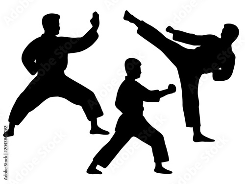 Silhouettes of martial artists performing various karate moves