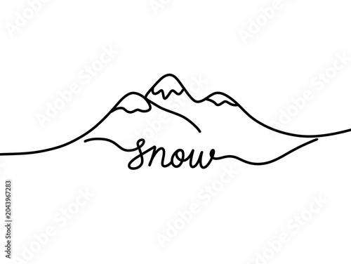 Minimalist line art of snowy mountain landscape with text