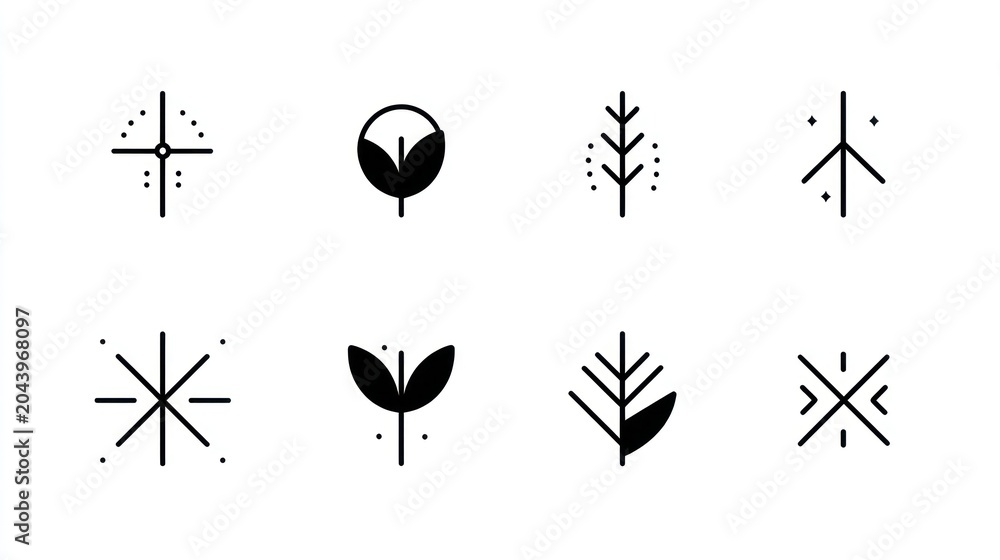 Obraz premium Collection of minimalist, black line art symbols resembling nature motifs. Geometric shapes, stylized plants, and abstract designs