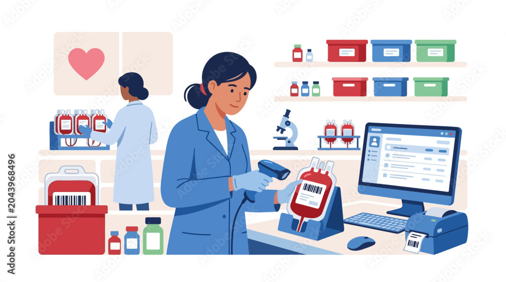 Fototapeta premium Medical laboratory worker scanning blood bag barcode in blood bank lab illustration. EPS Editable