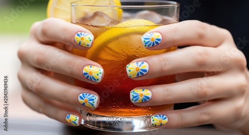 Hands with Floral Manicure Holding a Refreshing Iced Beverage with Lemon and Ice