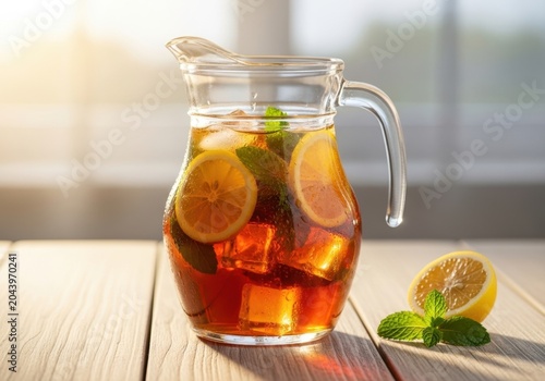 Refreshing Iced Tea in a Glass Pitcher with Lemon and Mint on a Sunny Table