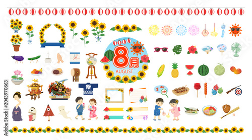 Bild auf Leinwand 8月のフラットイラスト素材セット｜夏祭り・お盆・花火・ひまわり・食べ物・人物 アイコン集