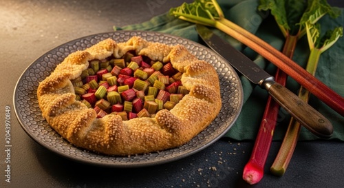 Rustic Rhubarb Galette Baked Golden Brown With Tart Filling On A Textured Plate