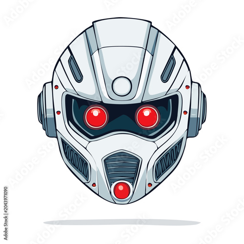 Robot head with red eyes and white futuristic design