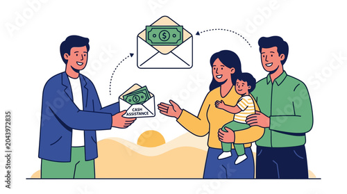 Vector illustration of a man sending money remittance in an envelope to a family with a child. EPS Editable