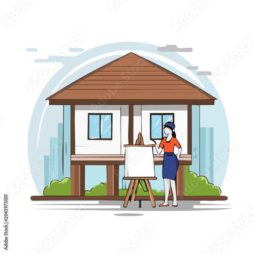 Woman painting in front of a house