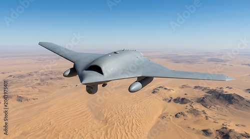 Generic Military Combat Drone Flying Above Desert