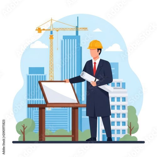 Businessman in hard hat with blueprints.