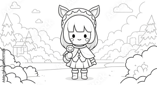 Cartoon girl in cat ears outdoors.
