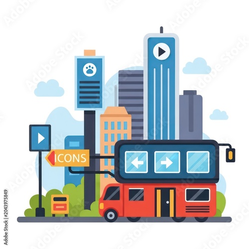 Cityscape with bus and icons.