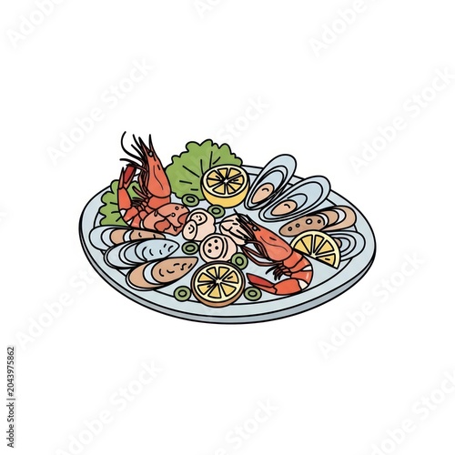 Colorful seafood plate with shrimp and lemon.
