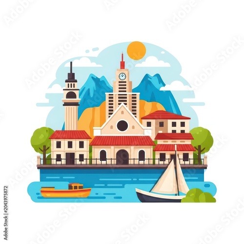 Colorful town by the serene lake.