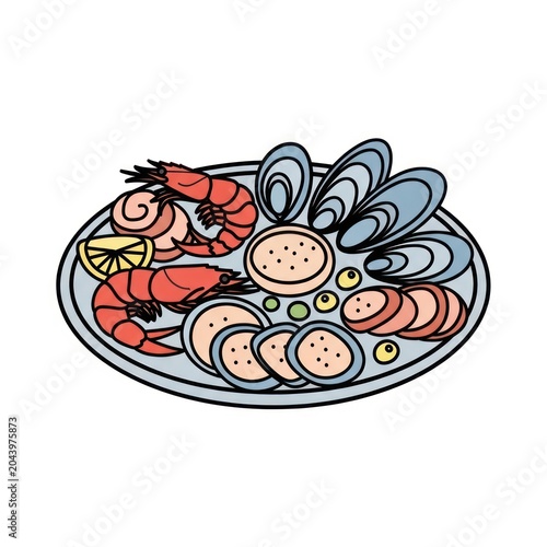 Colorful seafood plate with shrimp scallops.