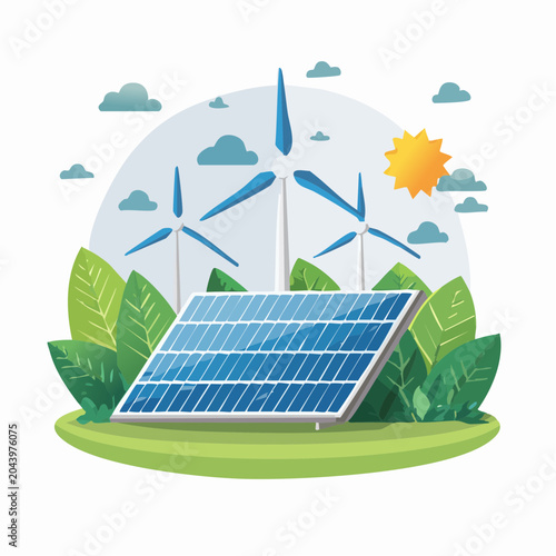 Renewable energy concept, flat vector illustration, solar panels, wind turbines, eco friendly environment, green technology