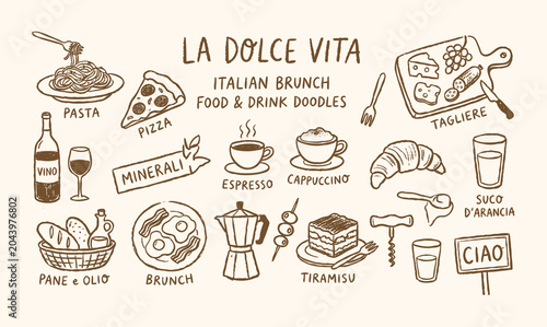 Foto La Dolce Vita Italian Food Hand-Drawn Doodle Set with Pizza and Pasta