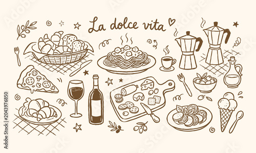 Εκτύπωση καμβά La Dolce Vita Italian Food Hand-Drawn Doodle Set with Pizza and Pasta