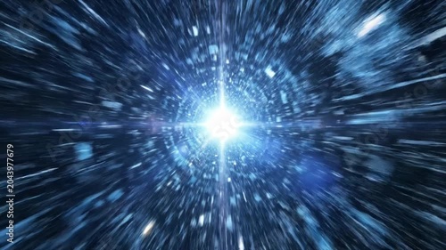 Hyperspace jump through a bright light tunnel with fast moving star streaks