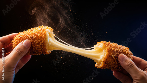 Crispy mozzarella cheese stick being pulled apart, showcasing delicious stretch of melted cheese against dark background, evoking sense