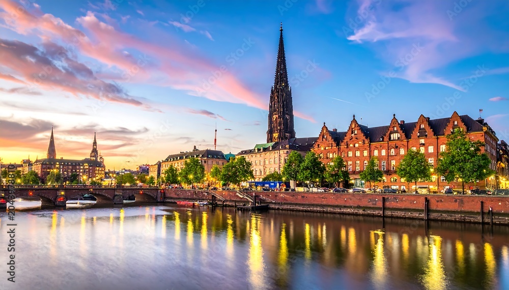 Fototapeta premium Cityscape at sunset River reflects light from buildings under a colorful sky with clouds and a tall spire